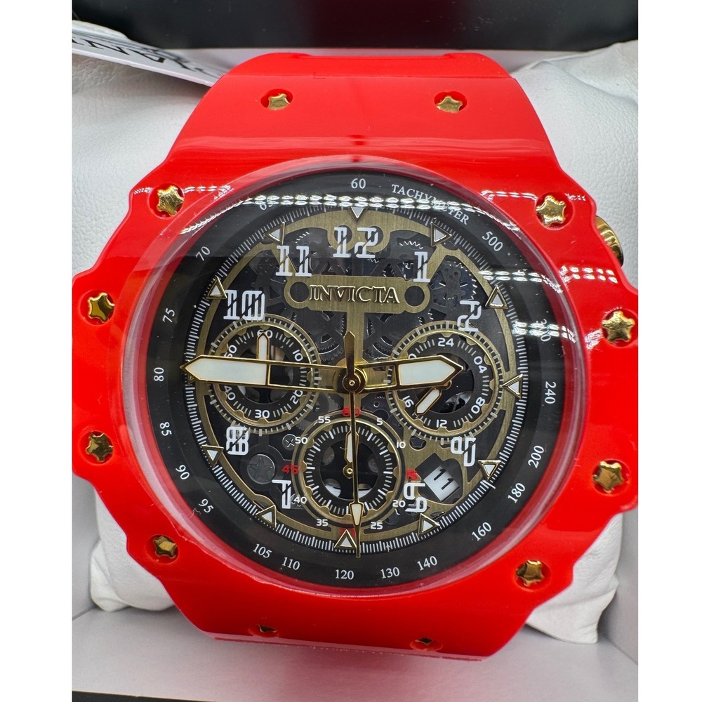 Invicta 69654 Red Resin Skeleton Dial Chronograph Watch Gold Accents New